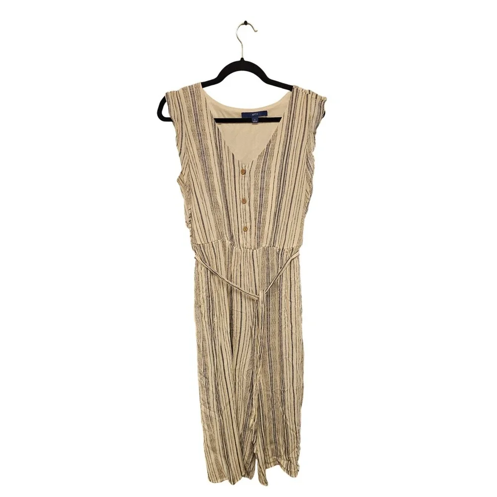 Apt. 9 Womens Striped Sleeveless V-Neck‎ Wide Leg Jumpsuit Beige Navy Blue Large